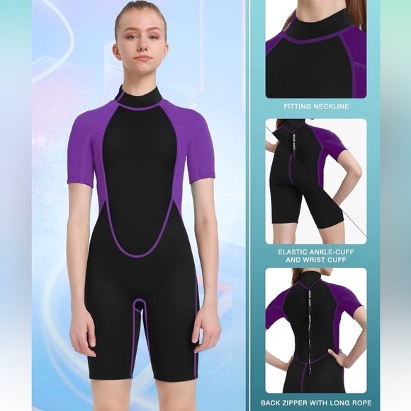 🌻NEW REALON Black Purpl e 3mm Neoprene Shorty Wetsuit Size Medium - Picture 3 of 11